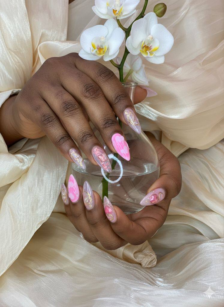 Premium pink and gold marble nail art with white orchid